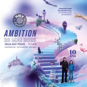 L’image est une affiche promotionnelle pour le NWX Festival, un événement célébrant ses 10 ans, qui se tiendra le 28 mai 2025 à la Halle aux Toiles, Rouen. Le thème de cette édition est "Ambition", et l’affiche met en avant des éléments futuristes et numériques. On y trouve un escalier surréaliste menant vers l’avenir, accompagné de robots, d’un astronaute, d’un drone, d’écrans et d’éléments technologiques. Deux personnes en sweatshirts NWX posent en bas des marches. Le slogan "Comprendre aujourd’hui, le numérique de demain" renforce l’objectif de l’événement : explorer les enjeux du digital à travers conférences, networking et ateliers.